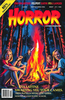 An 80s style horror magazine cover featuring a group of young adults gathered around a campfire in a dark, eerie forest