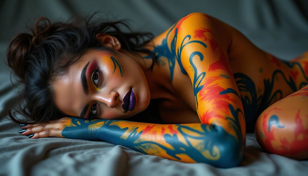 A confident woman lying gracefully, her body entirely covered in vibrant full body paint that blends a striking array of colors and patterns