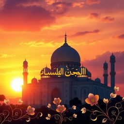 A beautiful and serene book cover design for a religious book, featuring a majestic, illuminated mosque at sunset