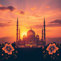 A beautiful and serene book cover design for a religious book, featuring a majestic, illuminated mosque at sunset