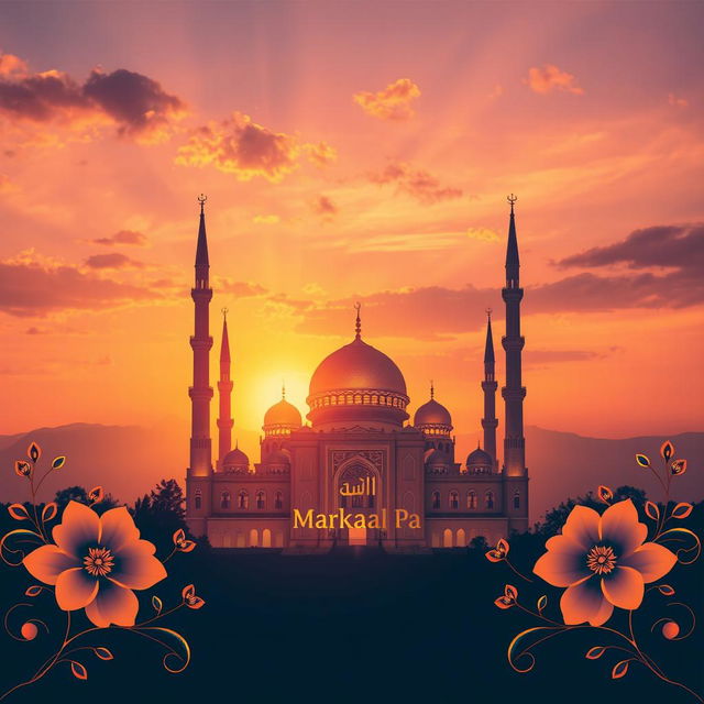 A beautiful and serene book cover design for a religious book, featuring a majestic, illuminated mosque at sunset