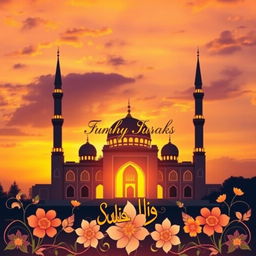 A beautiful and serene book cover design for a religious book, featuring a majestic, illuminated mosque at sunset