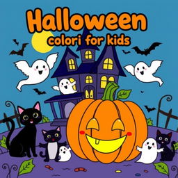 A fun and engaging Halloween coloring book illustration for young children aged 1-6 years, featuring the written topic 'Halloween coloring books for kids' in cheerful, bold letters at the top