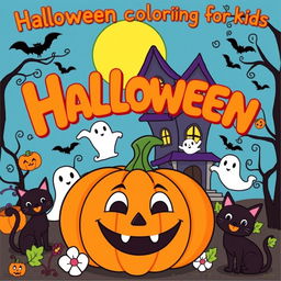 A fun and engaging Halloween coloring book illustration for young children aged 1-6 years, featuring the written topic 'Halloween coloring books for kids' in cheerful, bold letters at the top