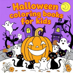 A fun and engaging Halloween coloring book illustration for young children aged 1-6 years, featuring the written topic 'Halloween coloring books for kids' in cheerful, bold letters at the top