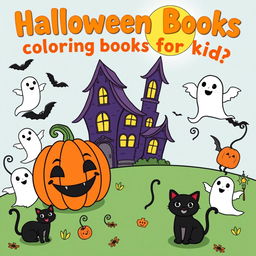 A fun and engaging Halloween coloring book illustration for young children aged 1-6 years, featuring the written topic 'Halloween coloring books for kids' in cheerful, bold letters at the top