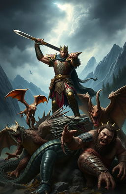 A heroic scene depicting a fierce warrior clad in ornate armor, triumphantly slaying a variety of mythical monsters