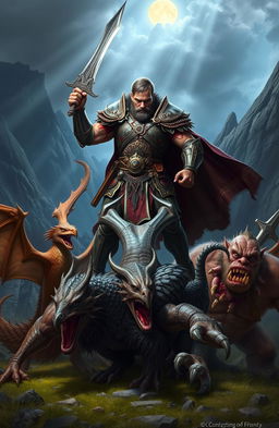 A heroic scene depicting a fierce warrior clad in ornate armor, triumphantly slaying a variety of mythical monsters