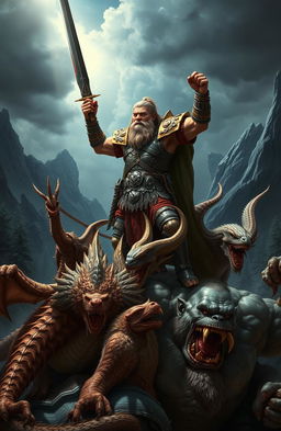 A heroic scene depicting a fierce warrior clad in ornate armor, triumphantly slaying a variety of mythical monsters