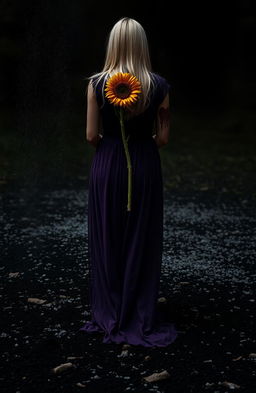 A mysterious scene featuring a blonde woman standing in the distance, her face not visible, showcasing only her lower body draped in a flowing purple dress in a shade affair style
