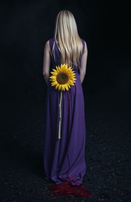 A mysterious scene featuring a blonde woman standing in the distance, her face not visible, showcasing only her lower body draped in a flowing purple dress in a shade affair style