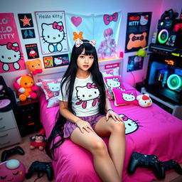 A young woman with long black hair wearing a cute Hello Kitty-themed outfit, sitting on her bed surrounded by colorful gamer merchandise