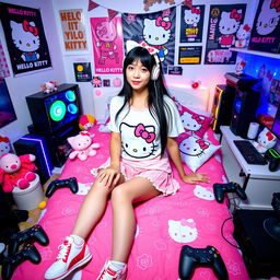 A young woman with long black hair wearing a cute Hello Kitty-themed outfit, sitting on her bed surrounded by colorful gamer merchandise