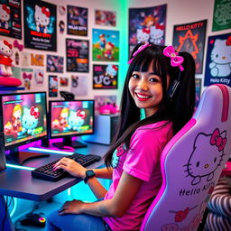 A cheerful young woman with long black hair styled in pigtails, wearing a fitted Hello Kitty t-shirt and cute gaming-themed accessories, sitting at her colorful gaming desk