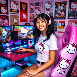 A cheerful young woman with long black hair styled in pigtails, wearing a fitted Hello Kitty t-shirt and cute gaming-themed accessories, sitting at her colorful gaming desk