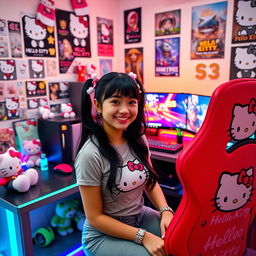 A cheerful young woman with long black hair styled in pigtails, wearing a fitted Hello Kitty t-shirt and cute gaming-themed accessories, sitting at her colorful gaming desk