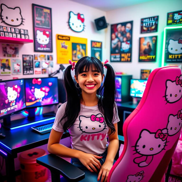 A cheerful young woman with long black hair styled in pigtails, wearing a fitted Hello Kitty t-shirt and cute gaming-themed accessories, sitting at her colorful gaming desk