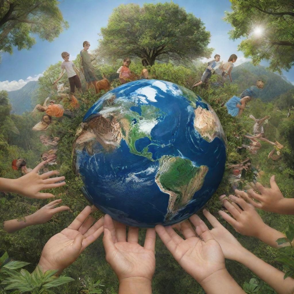 Generate an image emphasizing the theme 'Treasure our Earth' featuring numerous humans interacting harmoniously with various elements of nature. The people should mirror young and old, all enthusiastically engaging in the maintenance and appreciation of the Earth's beauty.