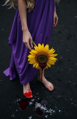 A scene featuring a woman's lower body wearing a flowing purple dress, elegantly draped and accented by the gentle waves of her blonde hair just out of frame
