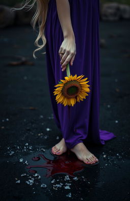 A scene featuring a woman's lower body wearing a flowing purple dress, elegantly draped and accented by the gentle waves of her blonde hair just out of frame