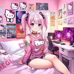 An anime-style depiction of a young woman with pastel pink hair styled in twin tails, dressed in a stylish Hello Kitty outfit adorned with colorful patches