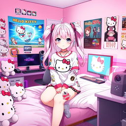 An anime-style depiction of a young woman with pastel pink hair styled in twin tails, dressed in a stylish Hello Kitty outfit adorned with colorful patches