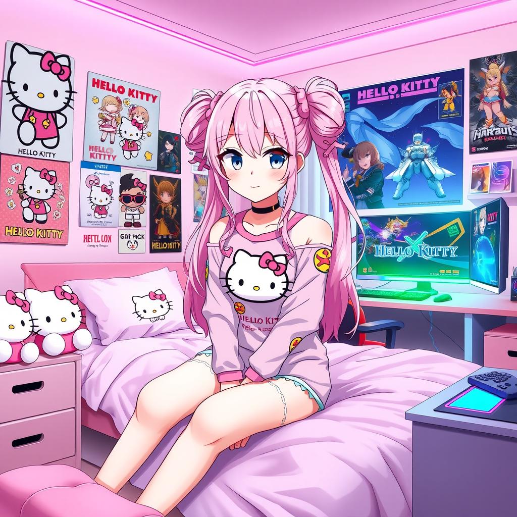 An anime-style depiction of a young woman with pastel pink hair styled in twin tails, dressed in a stylish Hello Kitty outfit adorned with colorful patches