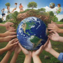Generate an image emphasizing the theme 'Treasure our Earth' featuring numerous humans interacting harmoniously with various elements of nature. The people should mirror young and old, all enthusiastically engaging in the maintenance and appreciation of the Earth's beauty.