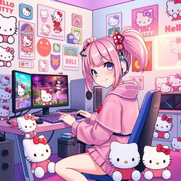 An anime-inspired illustration of a young woman with pastel pink hair styled in twin tails, dressed in a vibrant Hello Kitty outfit complete with cute accessories