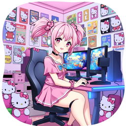 An anime-inspired illustration of a young woman with pastel pink hair styled in twin tails, dressed in a vibrant Hello Kitty outfit complete with cute accessories