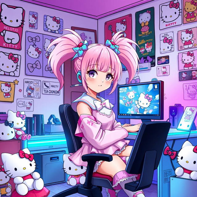 An anime-inspired illustration of a young woman with pastel pink hair styled in twin tails, dressed in a vibrant Hello Kitty outfit complete with cute accessories