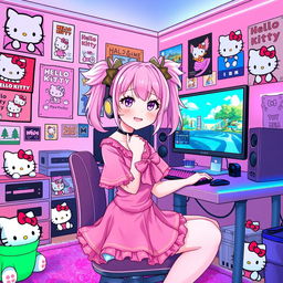 An anime-inspired illustration of a young woman with pastel pink hair styled in twin tails, dressed in a vibrant Hello Kitty outfit complete with cute accessories