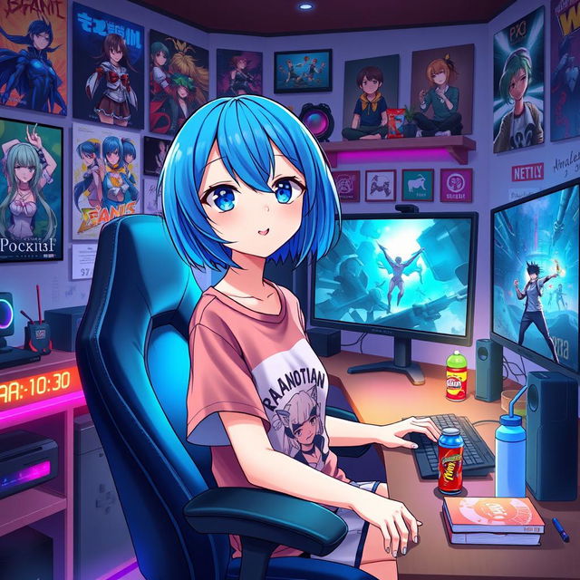 An anime-style illustration of a youthful girl with vibrant blue hair styled in a cute bob, dressed in a colorful graphic tee featuring her favorite anime character