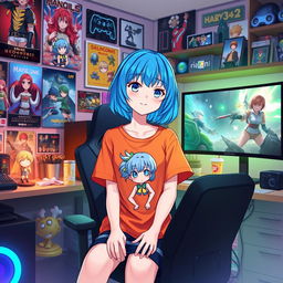 An anime-style illustration of a youthful girl with vibrant blue hair styled in a cute bob, dressed in a colorful graphic tee featuring her favorite anime character