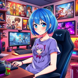 An anime-style illustration of a youthful girl with vibrant blue hair styled in a cute bob, dressed in a colorful graphic tee featuring her favorite anime character