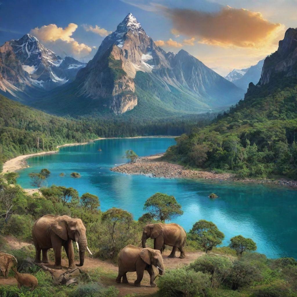 Create an image that vividly portrays all the Earth's treasures. Include diverse elements such as lush forests, vibrant ocean life, towering mountains, vast deserts, stunning wildlife, and a thriving human civilization in harmony with nature.