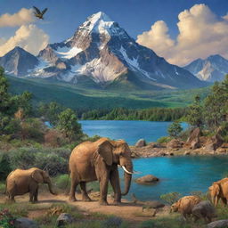 Create an image that vividly portrays all the Earth's treasures. Include diverse elements such as lush forests, vibrant ocean life, towering mountains, vast deserts, stunning wildlife, and a thriving human civilization in harmony with nature.