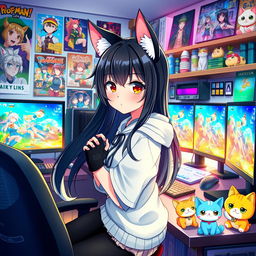 An enchanting anime-style illustration of a cat girl with long, flowing black hair and playful feline ears, wearing a stylish gamer outfit that includes a cropped hoodie and fingerless gloves