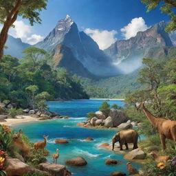 Create an image that vividly portrays all the Earth's treasures. Include diverse elements such as lush forests, vibrant ocean life, towering mountains, vast deserts, stunning wildlife, and a thriving human civilization in harmony with nature.