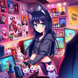 An enchanting anime-style illustration of a cat girl with long, flowing black hair and playful feline ears, wearing a stylish gamer outfit that includes a cropped hoodie and fingerless gloves