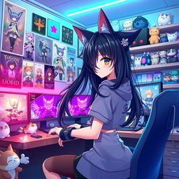 An enchanting anime-style illustration of a cat girl with long, flowing black hair and playful feline ears, wearing a stylish gamer outfit that includes a cropped hoodie and fingerless gloves