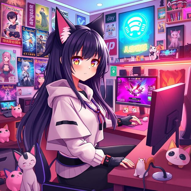 An enchanting anime-style illustration of a cat girl with long, flowing black hair and playful feline ears, wearing a stylish gamer outfit that includes a cropped hoodie and fingerless gloves