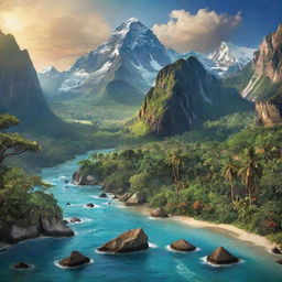 Create an image that vividly portrays all the Earth's treasures. Include diverse elements such as lush forests, vibrant ocean life, towering mountains, vast deserts, stunning wildlife, and a thriving human civilization in harmony with nature.