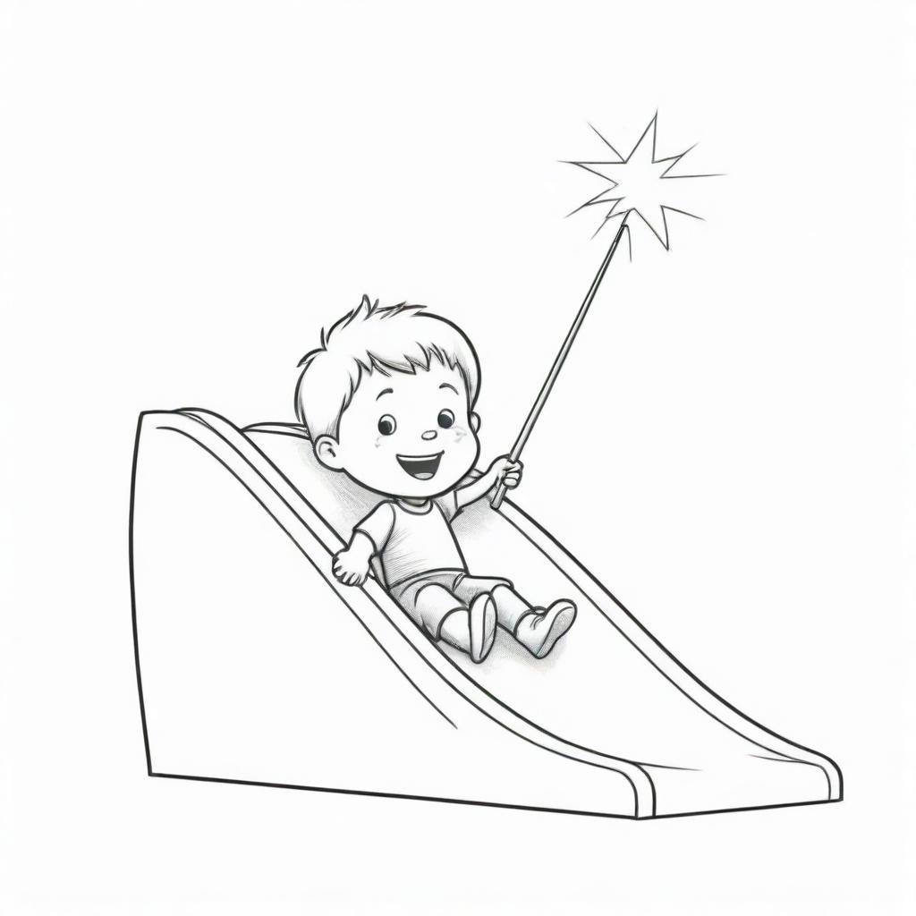 Two-dimensional, black and white drawing of a toddler with a magic wand sliding on a slide on a white background, designed for a colouring page.