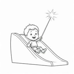 Two-dimensional, black and white drawing of a toddler with a magic wand sliding on a slide on a white background, designed for a colouring page.