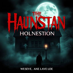 A chilling horror movie poster featuring a haunted old mansion shrouded in mist, with an ominous full moon in the night sky