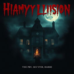 A chilling horror movie poster featuring a haunted old mansion shrouded in mist, with an ominous full moon in the night sky