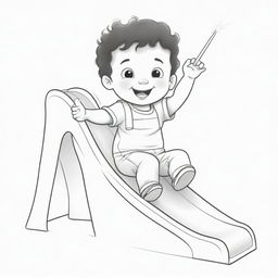 Two-dimensional, black and white drawing of a toddler with a magic wand sliding on a slide on a white background, designed for a colouring page.