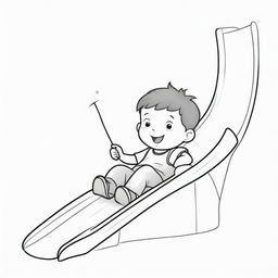 Two-dimensional, black and white drawing of a toddler with a magic wand sliding on a slide on a white background, designed for a colouring page.