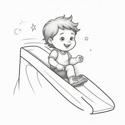 Two-dimensional, black and white drawing of a toddler with a magic wand sliding on a slide on a white background, designed for a colouring page.